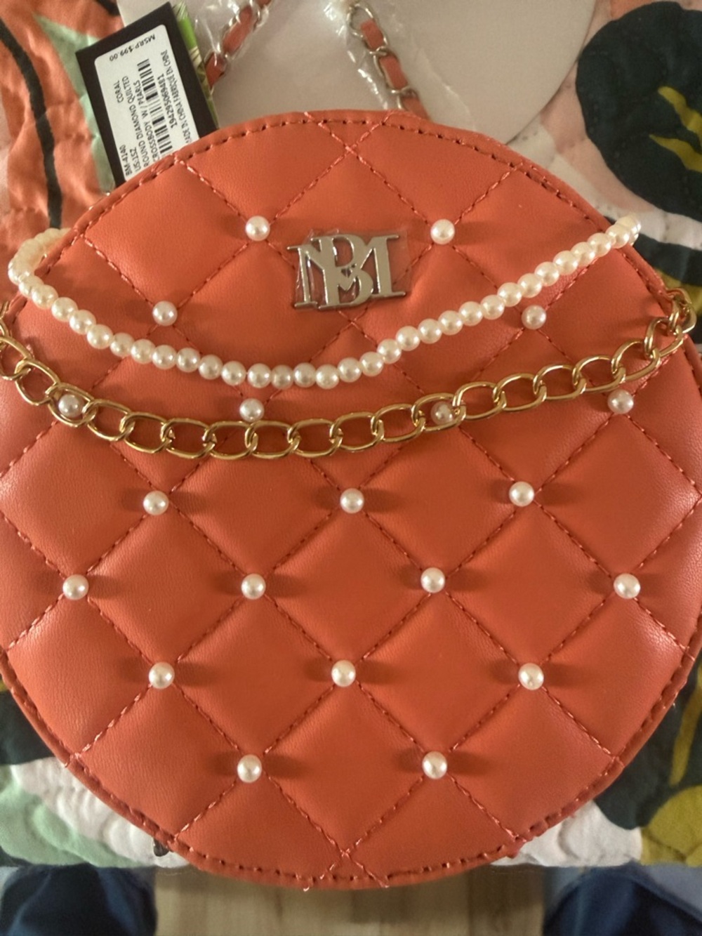 Badgley Mischka Coral Quilted Round Crossbody with Pearl Accents